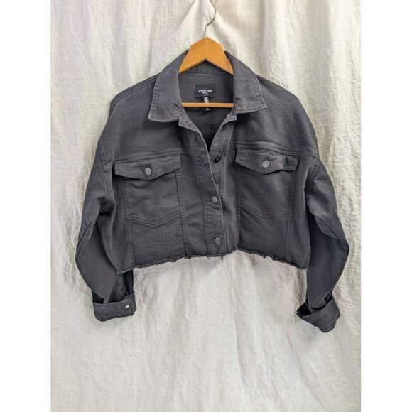 C'est Toi black label women's size large black denim cropped jacket, raw edge B4 - Picture 2 of 10